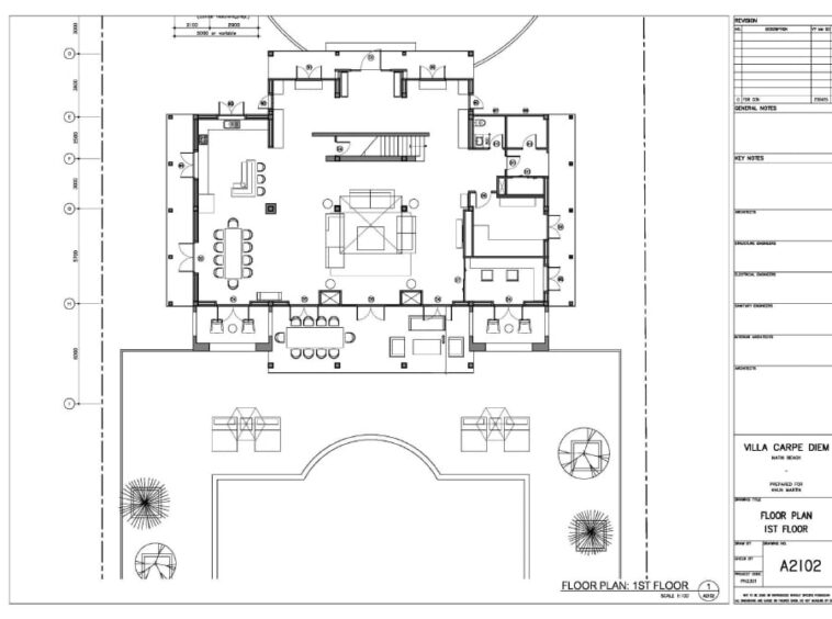 Architectural floor plan of a villa's first floor showing central living area, dining, kitchen, bedrooms, stairs, and surrounding rooms with outdoor terrace.