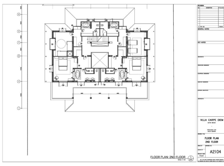 Architectural floor plan of the villa's second floor, showing bedrooms, bathrooms, and central stairwell.