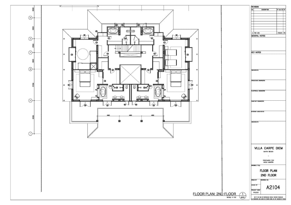 Architectural floor plan of the villa's second floor, showing bedrooms, bathrooms, and central stairwell.
