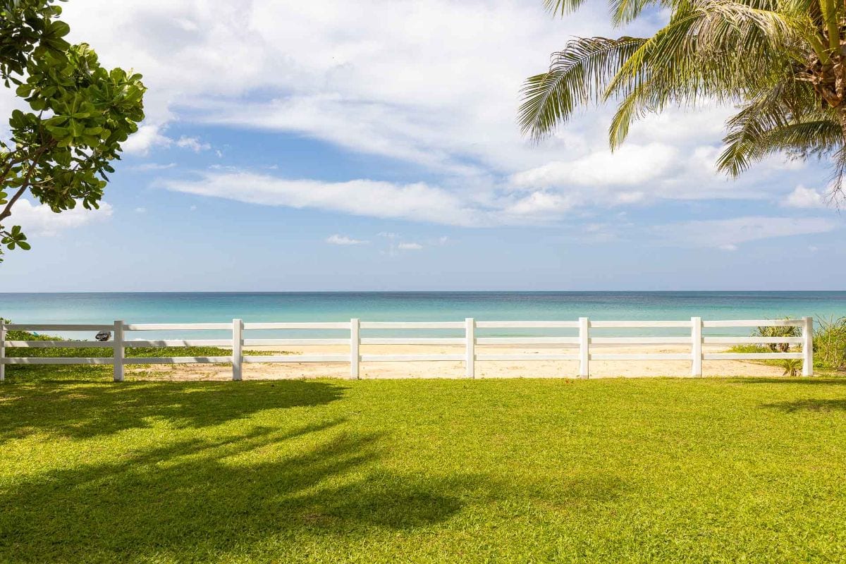 A sunny beach scene behind a white fence, with green grass in the foreground and calm turquoise ocean under a blue sky with palm trees.