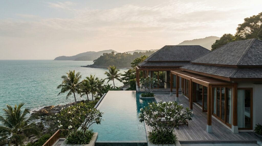 Luxurious seaside villa with an infinity pool, wooden deck, and palm-fringed coastline view at sunset/enhanced by calm sea.