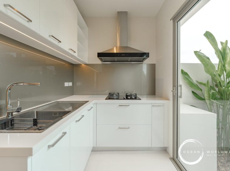 Modern white kitchen with stainless steel range hood, gas cooktop, sink, and a glass door opening to a plant-filled patio on the right.